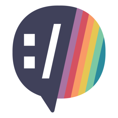 Speech bubble with a text emote commonly used on devRant and 6 rainbow stripes.