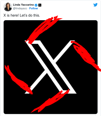A screenshot of the tweet from Linda Yaccarino presenting the new art deco twitter logo. Turned into a swastika with four red strokes.