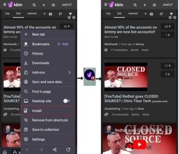 Screenshot of kbin on Firefox, with the Install button. Then the kbin icon on the home screen. Then kbin opened from the shortcut
