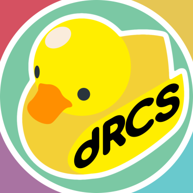 Background outside the circle consisting from red, yellow, cyan and purple. It's all covered with the green base and dRCS mascot, the rubber duck. It has "dRCS" written on its wing.