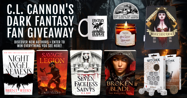 C.L. Cannon's Dark Fantasy Fan Giveaway. Discover new authors + Enter to Win Everything Seen Here! Fantasy Readers Book Club Mug with moon and dragon silhouette. Candle scent of Ancient Library. Sicker of skull with crown. Witcher Dice. Books: Night Angel Nemesis, Savage Legion, A Broken Blade.