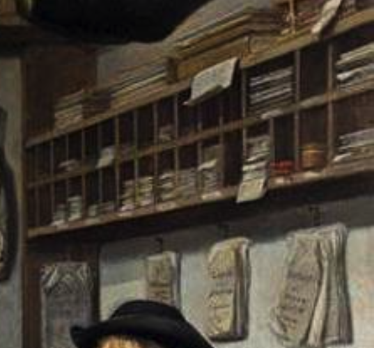 A detail from the painting is shown: a cupboard full of different papers, all unused. 

