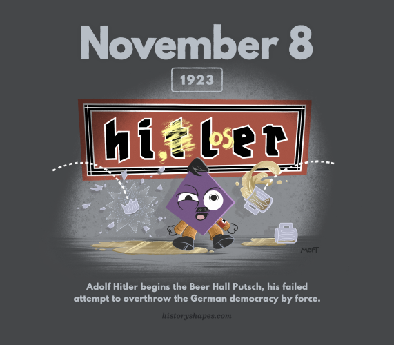 Dom, a purple diamond dressed as Hitler, stands on a stage in a spotlight. Mugs of beer are thrown at him and crash against the wall. A sign behind him reads HITLER, but the T is crossed out. Additional letters are spray painted so the sign reads "HI, LOSER."

Copy Reads:
November 8, 1923
Adolf Hitler begins the Beer Hall Putsch, his failed attempt to overthrown the German democracy by force.