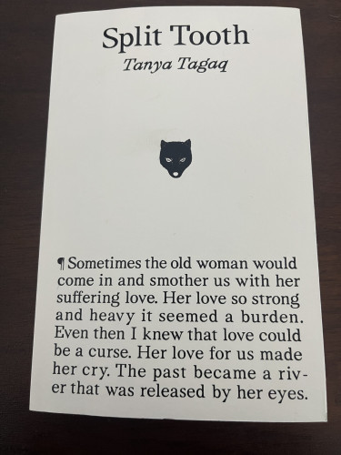 Cover of Split Tooth by Tanya Tagaq. UK paperback, white cover with black writing, and pull quote from the text.