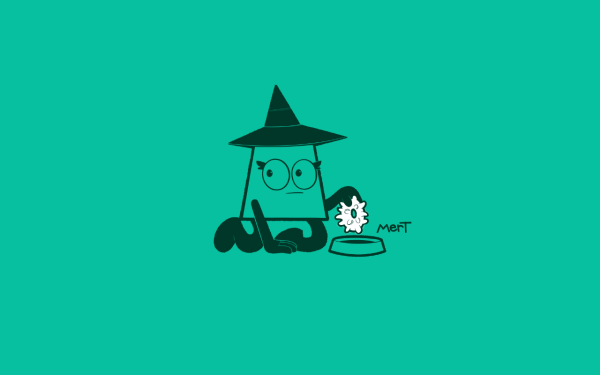Bess, a teal trapezoid, is on her hands and knees. She wears a witch's hat and lowers a witch cake into a dog bowl.