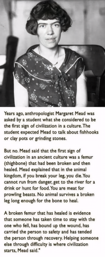 Years ago, anthropologist Margaret Mead was asked by a student what she considered to be the first sign of civilization in a culture. The student expected Mead to talk about fishhooks or clay pots or grinding stones. But no. Mead said that the first sign of civilization in an ancient culture was a femur (thighbone) that had been broken and then healed. Mead explained that in the animal kingdom, if you break your leg, you die.You cannot run from danger, get to the river for a drink or hunt for food.You are meat for prowling beasts. No animal survives a broken leg long enough for the bone to heal. A broken femur that has healed is evidence that someone has taken time to stay with the one who fell, has bound up the wound, has carried the person to safety and has tended the person through recovery. Helping someone else through difficulty is where civilization starts, Mead said.