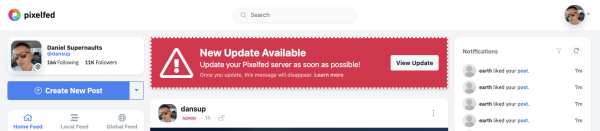 Pixelfed screenshot showing a "New Update Available" warning