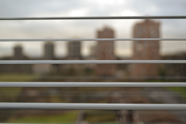 A reflective view through a window overlaid with horizontal blinds, taken in Manchester, England, during a moment of pause at work. The focus is on the blinds in the foreground with a subtly blurred cityscape in the background, evoking the atmosphere of a typical overcast Manchester day. The buildings are rendered as gentle silhouettes against the light gray sky, symbolizing the quiet rhythm of urban life and the introspective mood that accompanies a day's labor in the city.