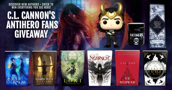 Discover new authors! Enter to win everything here:

Print copies of The Devil You Know Anthology by Fiction-Atlas Press, The Unbroken by C.L. Clark, Loki: Where Mischief Lies by Mackenzie Lee, Nevernight by Jay Kristoff, Vicious by V.E. Schwab, and Half A King by Joe Abercrombie, plus a President Loki Funko Pop, an Antihero Candle, and a Six of Crows bookmark.

Background is a fire-eyed, red-haired figure standing in a dark room, backlit by a window. Hair is blowing and obscuring the face.
