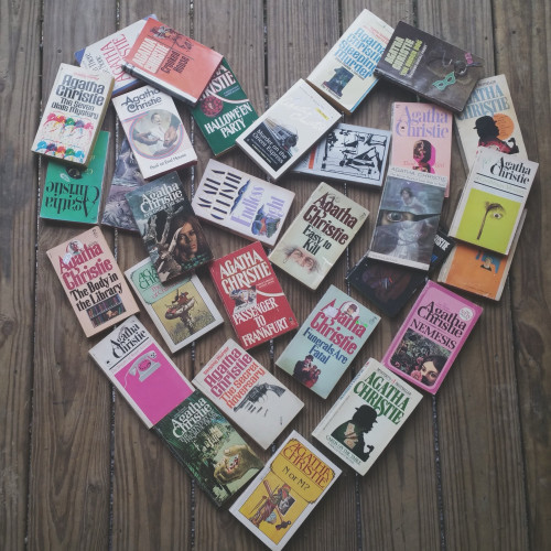 A heart made out of Agatha Christie books lying on my back porch