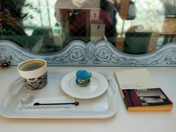 The photo is of a white counter against a second floor window where you can see a bit of the alley below & the torso reflection of the photographer. On the counter is the paperback book to the left. On the right is a white tray with a blue macaron on a white plate. There is a mug of coffee to the left, white top, black and white flower design on the bottom. Both are on a white tray with plastic creamer container, black plastic tiny spoon stirrer, and blue striped sugar stick on white napkin. The window has a black and white border design as well to look sort of like ornate architecture