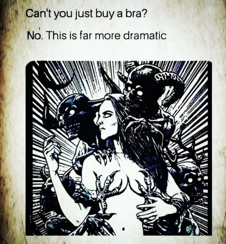 Text:
"Can't you just buy a bra?"
"No. This is far more dramatic."
Picture of a woman with demons behind her, with their claw hands covering/cradling her breasts.