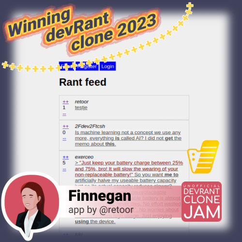 Winning devRant clone 2023: Finnegan, app by @retoor