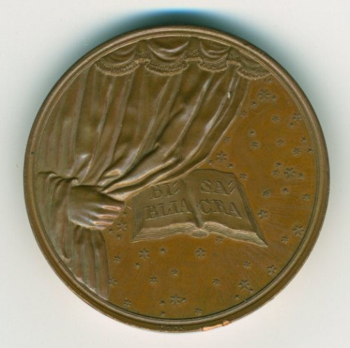 bronze medal, Weimar, celebrating the 400th anniversary of the Reformation, 1817:

allegory pulls back a curtain, revealing the bible against the background of a starry sky