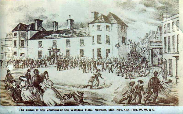 The attack of the Chartists on the Westgate Hotel, Newport, Mon. Nov 4th 1839. By http://www.oldukphotos.com/monmouthshirenewportpage4.htm - http://www.oldukphotos.com/monmouthshirenewportpage4.htm, Public Domain, https://commons.wikimedia.org/w/index.php?curid=10767131