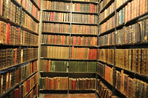 Corner of a library with three walls of book shelves with old books.

https://pxhere.com/de/photo/1217232?utm_content=shareClip&utm_medium=referral&utm_source=pxhere