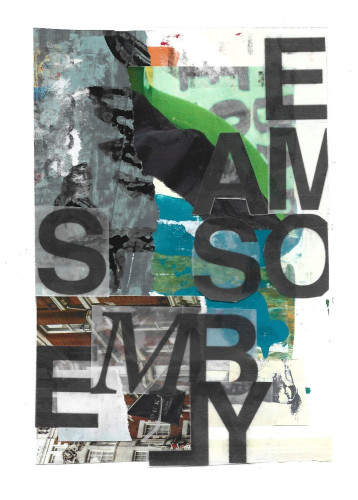 A collage of torn paper with typography that says "some assembly"