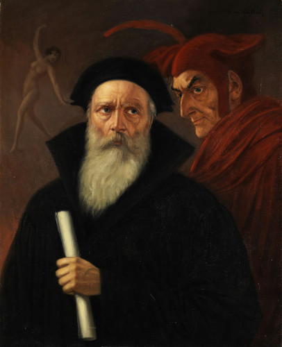 Painting of Faust (long gray beard, long black robe and black hat, holding a rolled up document) and Mephisto (with long pointy chin and nose, in long red gown and red hat) by Anton Kaulbach (turn of the 19th/20th century)- Hampel Auctions, Public Domain, https://commons.wikimedia.org/w/index.php?curid=29155653