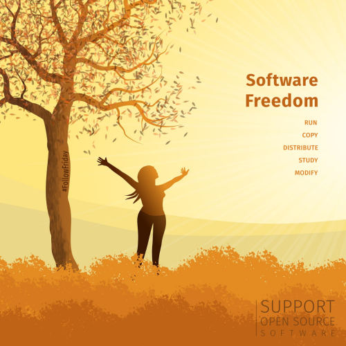 A woman stands next to a tree with arms held up in the air absorbing the autumn sun beaming over the landscape to embrace and celebrate the joys of software freedom to run, copy, distribute, study and modify.