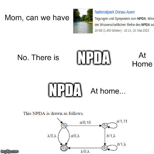 Meme. Mom, can we have “National park Donau-Auen (NPDA)” (Germany)? – No. There is NPDA at home. NPDA at home: Drawing of a non-deterministic push-down automaton.