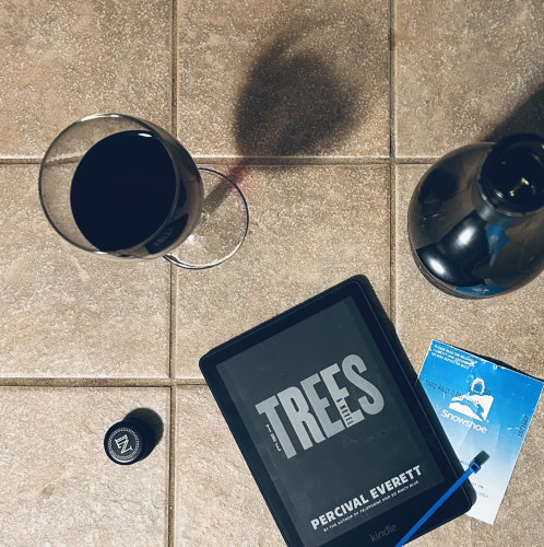 A glass of red wine, The Trees on my Kindle, a bottle of red wine, the cap to the bottle, & a skiing lift ticket.