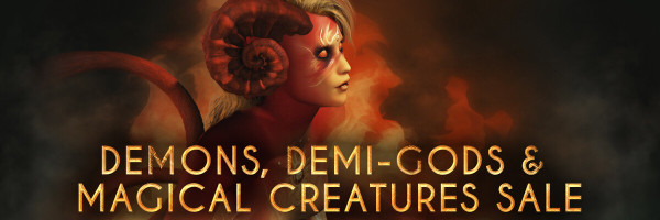 A red-skinned feminine humanoid with curling ram horns, blank red eyes, and white markings on her face standing in front of a volcano-red smoky background. "Demons, Demi-Gods, & Magical Creatures" Fantasy Book Sale July 25-August 31st."