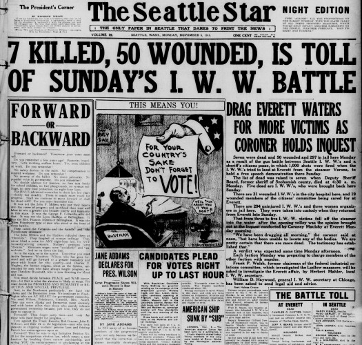 The Seattle Star November 6 1916 Front Page headline reads: 7 killed, 50 wounded is toll of Sunday’s I.W.W. battle. By The Seattle Star - The Seattle Star November 6 1916 Front Page, Public Domain, https://commons.wikimedia.org/w/index.php?curid=83684869