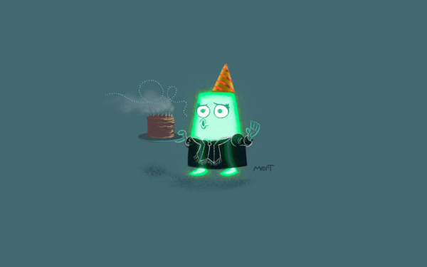 Bess, a teal trapezoid, is dressed as Marie Curie wearing a birthday party hat. She holds a cake in one hand and blows out her candles but is shocked to find she glows.