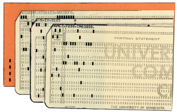 A color photo of three UMN Department of Computer Science and Engineering, IBM FORTRAN punch cards, ca. early 1970s.  The cards read Fortran Statement and have the standard numbering with The University of Minnesota at the bottom of the card.
