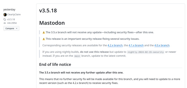 End of life notice

The 3.5.x branch will not receive any further update after this one.

This means that no further security fix will be made available for this branch, and you will need to update to a more recent version (such as the 4.2.x branch) to receive security fixes.