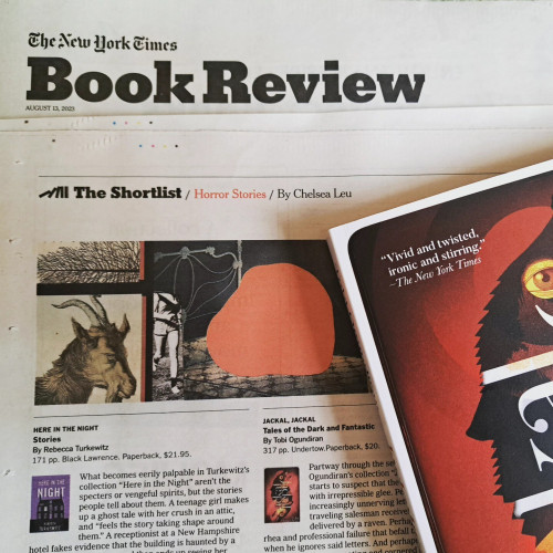 New blurb on front cover of "Jackal, Jackal" from New York Times: "Vivid and twisted, ironic and stirring." Book is laid on top of actual print review in New York Times from August 13, 2023.