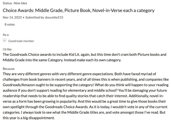 A screenshot of the petition to Goodreads to bring back all the #kidlit categories to their Goodreads Choice Awards.