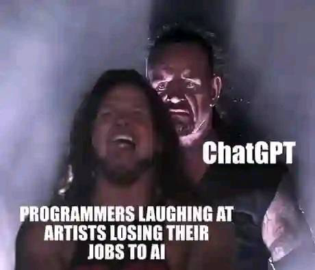 In this meme, we see programmers laughing at artists losing their jobs to AI. In reality, programmers will also lose their jobs one day to AI. It will start with the junior level. Be careful what you wish for. 