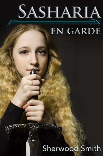 Sasharia En Gard, but Sherwood Smith. A suggested portrait painting on a plain dark background depicting young woman with long blonde hair gazing at the viewer. She grips the handle of a broadsword pointed down, wears an anachronistic ring on her left middle finger, and appears to be wearing a modern black sweater.
