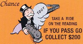 A "Chance" card, from the Monopoly game, with a top-hatted plutocrat riding on a locomotive that is spewing smoke and saying "too."

Reads: Take a Ride on the Reading. If you pass go collect $200.