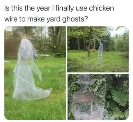 Text: Is this the year I finally use chicken wire to make yard ghosts?

Pictures of three human forms made of chicken wire covered in netting placed on lawns, looking eerie and ghostly