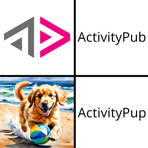 Image meme:
The ActivityPub logo: ActivityPub.
A dog running at the beach kicking a beach ball: ActivityPup.