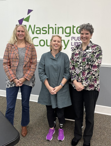 Dr. Ashley Shew, author of Against Technoableism, is pictured between Allison Mays of Virginia Tech Southwest Center at left, and Jill Minor (poster of photo) at right.