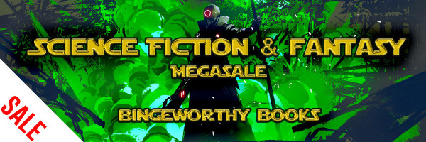 A one-eyed alien in a jungle with the words "Science Fiction & Fantasy Megasale, Bingeworthy Books" written over top