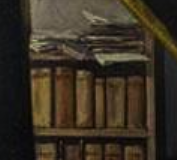 A detail from the painting is shown: dozens of paper sheets waiting on a book shelf.