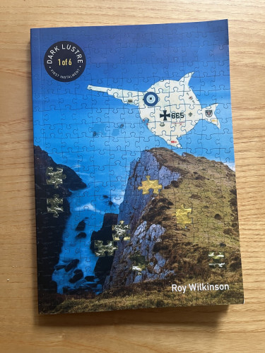 The cover of Dark Lustre, first instalment by Roy Wilkinson. The photo is of a cliff in North Devon, in the style of a jigsaw puzzle. A strange cartoon-like fish is prominent.