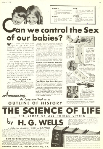 Advertisement for The Science of Life in Popular Science Monthly (March 1931). It is titled 'Can we control the Sex of our babies?' and includes a photograph of the faces of two young children, a girl and a boy.