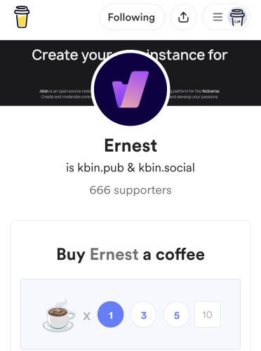Screencap from Buy Me A Coffee. Ernest has 666 supporters