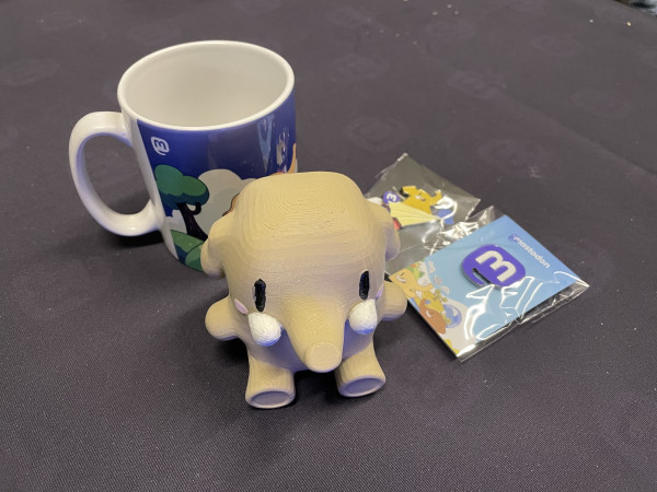 A mug, two enamel pins and a 3D printed elephant who is very cute. 