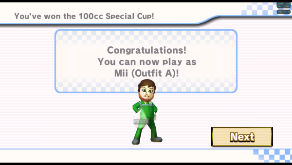 You've won the 100cc Special Cup! 

Congratulations! You can now play as Mii (Outfit A)!