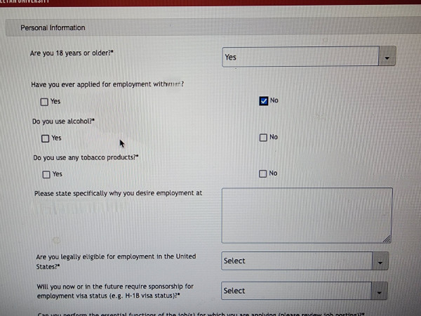 screenshot of a job application asking whether you use alcohol or tobacco.