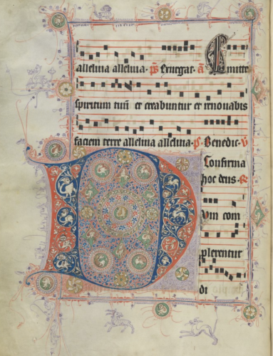 Medieval music manuscript with initial D in red and blue, with highly intricate penwork decoration (vines, animals, hybrid creatures).