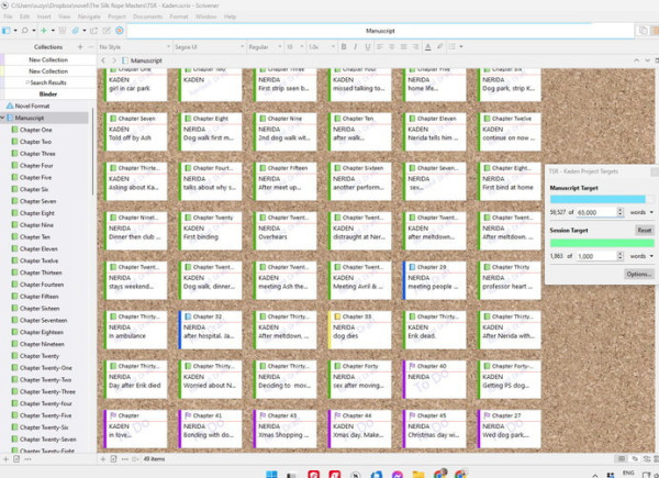 A virtual corkboard showing 47 chapter cards, some have a green border, some purple, and a couple blue - depending on status.
green - revised draft; purple - to write; blue - in progress.
Total of almost 60k words written.