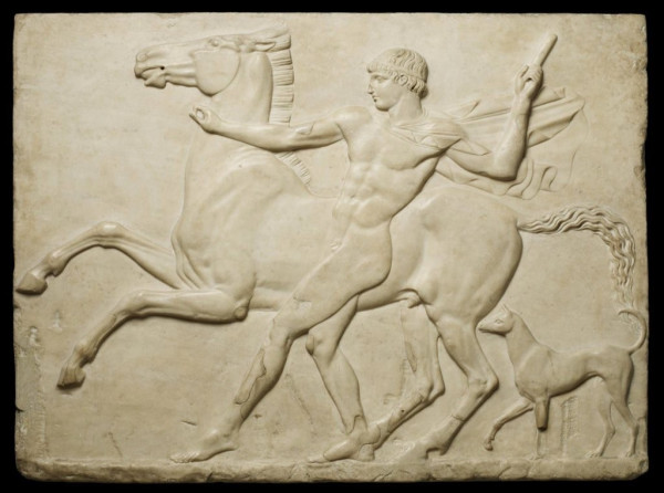 Description from the museum: “‘A bas relief representing Castor taming his horse, accompanied by a dog – it is of the flat ancient style of Greek work - about three feet square –found by Mr Gavin Hamilton in the part of Hadrian’s villa, now called the Pantanella’ (First Townley Inventory, reliefs 11).”