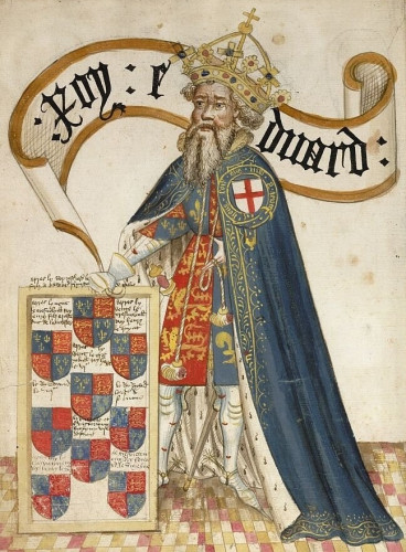 An illuminated manuscript image of Edward III. He stands, wearing his long white beard and even longer blue cloak. He wears a crown atop his head. This image was borrowed from Wikipedia. 